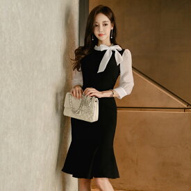 既日発送 タイトワンピース 姫系ワンピース レース タイト ワンピース ひざ丈 パーティドレス リボンタイ マーメイド シースルー レイヤード レイヤード風 7分袖 お嬢様 セクシー ミニワンピース OL 上品 F743　二次会 結婚式 韓国ファッション