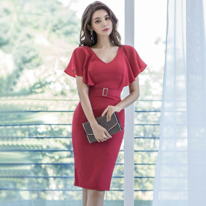 楽天市場 あす楽対応 タイトワンピース 姫系ワンピース シンプル ワンピース インポート ひざ丈 ミドル丈 エレガント アシンメトリー シンプル Vネック パーティドレス 半袖 お嬢様 セクシー Ol 上品 オフィスレディー ｄ 二次会 結婚式 新作 韓国ファッション
