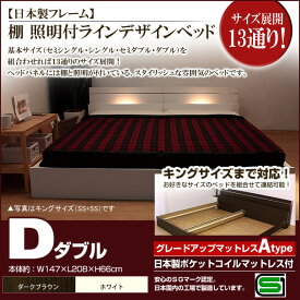 【ポイント20倍】棚 照明付きラインデザインベッド（日本製ポケットコイルマットレス付）ダブル 【代引不可】