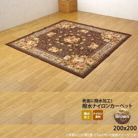 【クーポン配布中】ブラウン(brown) 200×200 ★ ナイロン 花柄 簡易カーペット 送料無料 【代引不可】