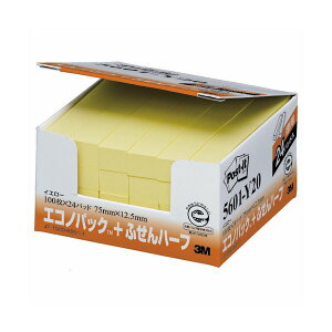 【ポイント20倍】(まとめ) 3M ポストイット エコノパック ふせんハーフ 再生紙 75×12.5mm イエロー 5601-Y20 1パック(24冊) 【×4セット】
