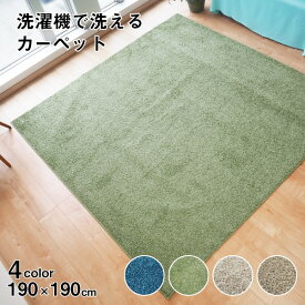【ポイント20倍】ラグマット 絨毯 約190cm×190cm グリーン 洗える 日本製 防ダニ 抗菌防臭 床暖房 ホットカーペット 通年使用可 ウォッシュ【代引不可】