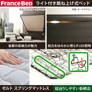 フランスベッドシングル国産収納跳ね上げ式縦開きコンセントマットレス付きベッド木製ゼルトスプリングマットレスグラディス