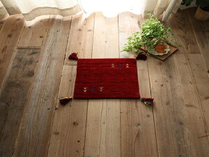 【クーポン配布中】レッド 玄関マット ラグ マット 絨毯 上質ウール100%のインドギャッベ ミニマットサイズ 約40x40cm 正方形 じゅうたん ホットカーペット対応 床暖 天然 ウール 100% ボリュ