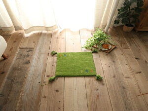 【クーポン配布中】グリーン 玄関マット ラグ マット 絨毯 上質ウール100%のインドギャッベ ミニマットサイズ 約40x40cm 正方形 じゅうたん ホットカーペット対応 床暖 天然 ウール 100% ボリ