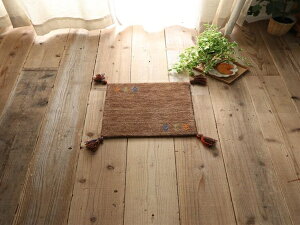 【クーポン配布中】ブラウン 玄関マット ラグ マット 絨毯 上質ウール100%のインドギャッベ ミニマットサイズ 約40x40cm 正方形 じゅうたん ホットカーペット対応 床暖 天然 ウール 100% ボリ