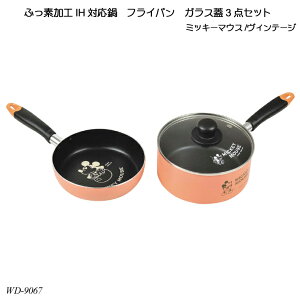 ふっ素加工IH対応鍋・フライパン・ガラス蓋3点セット (ミッキーマウス/ヴィンテージ) WD-9067 片手鍋 フライパン ガラス蓋 料理器具 オール熱源対応 ディズニー