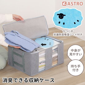 活性炭消臭 衣類収納ケース 抗菌防臭 除湿シート付き 活性炭のチカラで消臭保管 通気性の良い不織布製 ひつじ型吸湿シート においを吸着 湿気取り 透明窓付 衣装ケース 持ち手付き 服 収納ボックス グレー アストロ 615-51