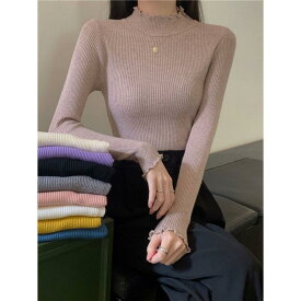 ニット トップス レディース ラッフル フリル ハーフタートルネック 長袖 フレアスリーブ ブラック 秋冬 スリムフィット プルオーバー インナー 万能 コーデ 通勤用 都市スタイル アクリル 素材 軽量 伸縮性