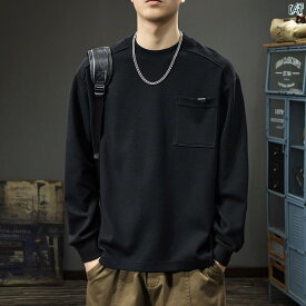 メンズ　ファッション　オシャレ　男性　大歳ストリート 秋 無地 スプライシング スウェットシャツ メンズ アメカジ ポケット 長袖 ヘビー ラウンドネック シャツ