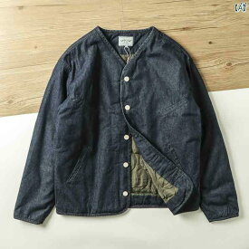 メンズ　ファッション　オシャレ　カジュアル　男性 レトロ ノー カラーコットン コート 秋冬 ワークウェア デニムジャケット