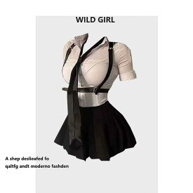 JK制服 レディース 短袖 収腰 シャツ プリーツ スカート ウエスト ベルト ベスト 3点セット ブラック ポリ混 素材 レトロ スタイル ミドル丈 秋 ミドルスカート パフスリーブ POLO領 スリム シルエット 学校風 コーデ