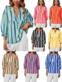 シャツ レディース ストライプ パフスリーブ ゆったり 長袖 通勤用 ポリエステル ストレッチ コントラストカラー デジタルプリント プルオーバー 夏秋