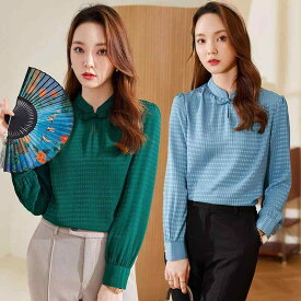 レディース 秋冬 長袖 シャツ パンツ セット 通勤 ストレート プルオーバー 丸首 ノーアイロン ポリエステル ストライプ チェック ボタン ホワイト グリーン ブルー シャンパン 大きいサイズ