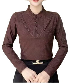 レディース シャツ 秋冬 大きいサイズ 通勤用 スタンドカラー フリンジ 長袖 ルーズフィット プルオーバー ポリエステル ノンアイロン 立体プリント ブラック ブラウン系 ワインレッド