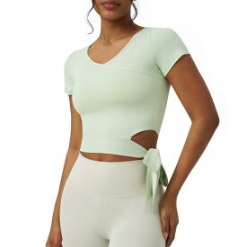 Tシャツ レディース ヨガウェア フィットネスウェア 半袖 Vネック 速乾 接触冷感 スポーツトップス サイドリボン ナイロン ストレッチ ジム 運動 ランニング 春夏