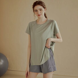 Tシャツ レディース ゆったり 半袖 スポーツ 速乾 ランニング ヨガ フィットネス ジム ウェア カバーアップ 着痩せ 伸縮性 クロップド丈 無地 ポリエステル スパンデックス 春夏