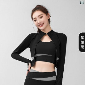 ヨガトップス レディース クロップド丈 ハイネック 切り替えデザイン スリムフィット ジップアップ ジャケット 吸湿速乾 ストレッチ フィットネス トレーニングウェア