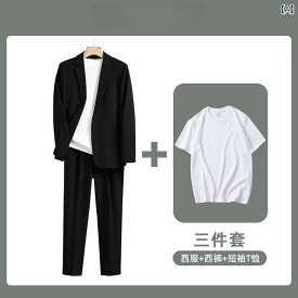 メンズ スーツ セット ブラック 春秋 カジュアル ビジネス ゆったり ジャケット Tシャツ パンツ ポリエステル ストレートシルエット シングルブレスト 平襟 軽量 トレンド スタイル