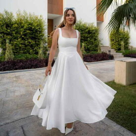 ワンピース 女性用 スクエアネック ノースリーブ キャミソール ミディ丈 Aライン スリムフィット シンプル おしゃれ 上品 カジュアル 夏 普段使い ポリエステル