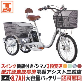 【30日～31日 1000円クーポン！先着1000名限定&ポイント最大21倍】 三輪車 電動アシスト三輪車 電動自転車 型式認定取得済 シマノ製内装3段変速 スイング機能付き 前後に大型カゴを搭載 背もたれ付 送料無料 【AOSL203】