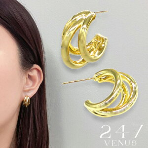 ピアス 金属アレルギー 247VENUS 247ヴィーナス フープ ピアス 骨格 ストレート ステンレス セカンドピアス 韓国 キュービックジルコニア 18K ゴールドスプリットピアス