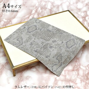 本革 ラム革 羊革 はぎれ A4サイズ パイソン ヘビ柄 型押し レザークラフト ハギレ 端革 革材料 グレー おまけハギレ付き ネコポス 送料無料 No.807343gry