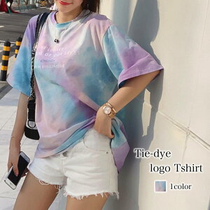 レディース タイダイ柄ロゴTシャツ 大人 40代 ブランド かわいい 夏 ゆったり ロング スポーツ トレーナー Vネック