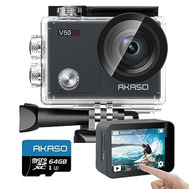 AKASO アクションカメラ V50X，4K30fps 20MP 64GB SDカード付き 新版6軸手ぶれ補正 4Xズーム WiFi対応 小型アクションカム 30M防水 タッチスクリーン式 ウェアラブルカメラ HDMI出力 外部マイク対応 水中カメラ 豊富なアクセサリー リモコン付き