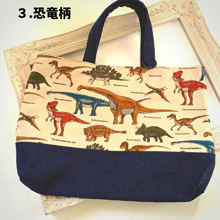 ハンドメイド 手さげ レッスンバッグ 恐竜柄布製トートバッグ 