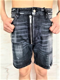 DSQUARED2（ディースクエアード）【MARINE SHORTS】"STRETCH BLACK DENIM""BLACK KNEE PATCHES WASH"”フロントZIPPER”ブラックデニムマリンSHORTS★