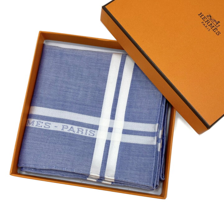 HERMES ブルー しみいり ストライプ ハンカチ 