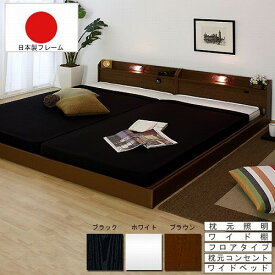 送料無料 フロアベッド SGマーク付ボンネルコイルマットレス(グレー) 連結ベッド ツインベッド 棚付き コンセント付き 照明付き ローベッド 日本製フレーム ブラック ホワイト ブラウン ベッド ベット