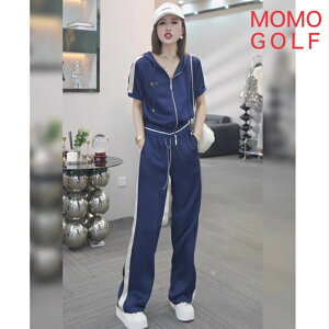ブルーに白ラインが可愛い フーディー レディース ゴルフウエア 半袖 フード付き ジッパージャケット ラフパンツ セットアップ ツーピース オールシーズン カジュアル ゴルフウエア 動きや