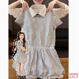 レディース ゴルフウエア ストライプ セットアップ風 ゴルフワンピース つぼみスカート風 ワンピース 半袖 バドスカート 春夏 ワンピース オールシーズン カジュアル ゴルフウエア 動きや