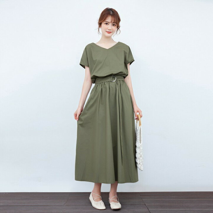 楽天市場】ベルト付き tシャツ ワンピース ウエストマーク ロング丈 V 