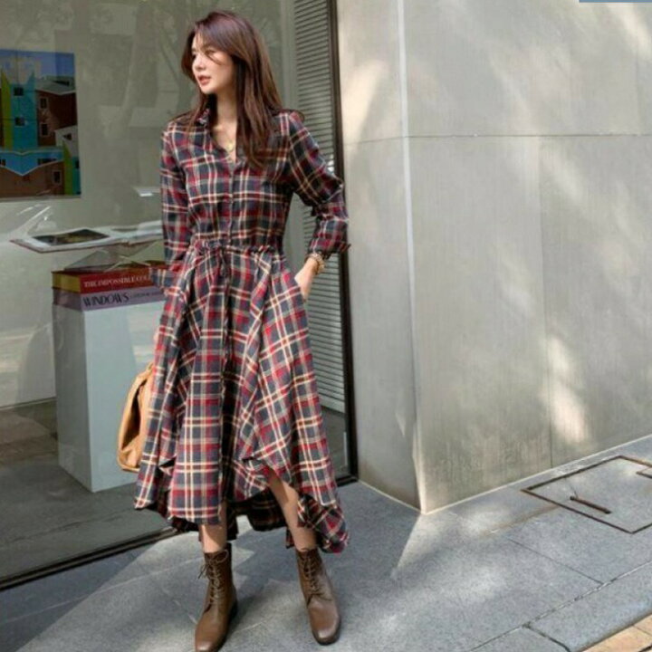 楽天市場】チェック柄シャツワンピース アシンメトリー シャツワンピ  