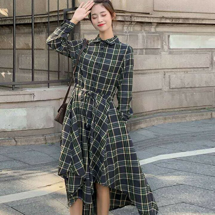 楽天市場】チェック柄シャツワンピース アシンメトリー シャツワンピ 