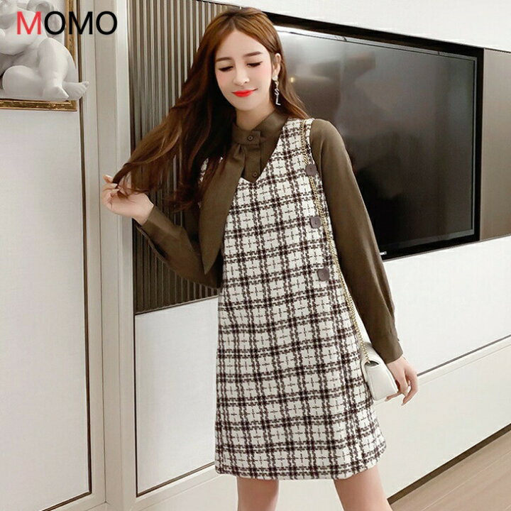楽天市場 セット販売 チェック柄ワンピース ランタンスリーブシャツ ウエストスリムワンピース ナチュラルワンピース 普段着ワンピ 清楚ワンピ 大人カジュアルコーデ アラサーちゃんコーデ アラサーコーデ シンプルコーデ 大人ファッション 大人コーデ 大人韓国