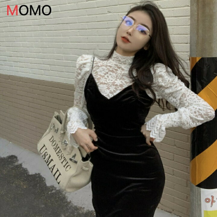 楽天市場】ノースリーブベルベットワンピース+レースブラウス  