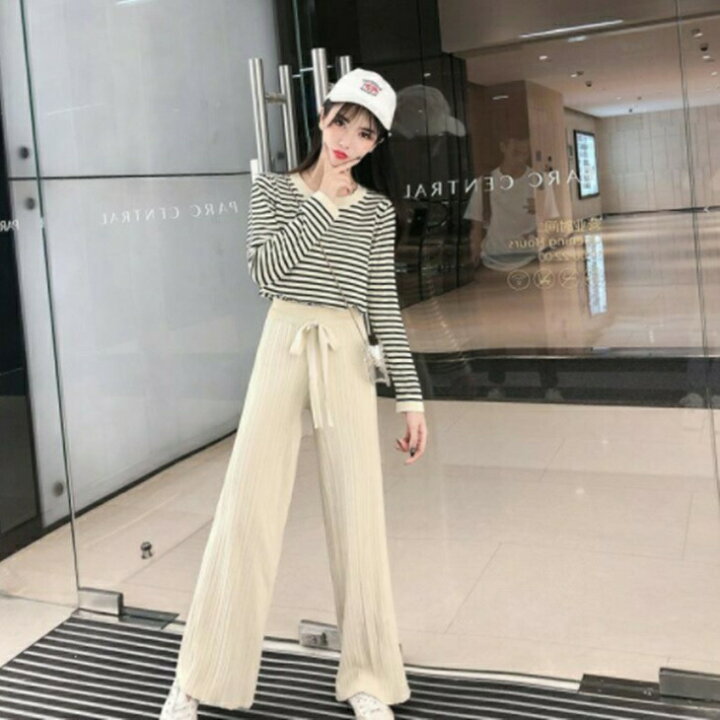 楽天市場】【上下セット】ストライプニットセーター＋ワイドレッグ  