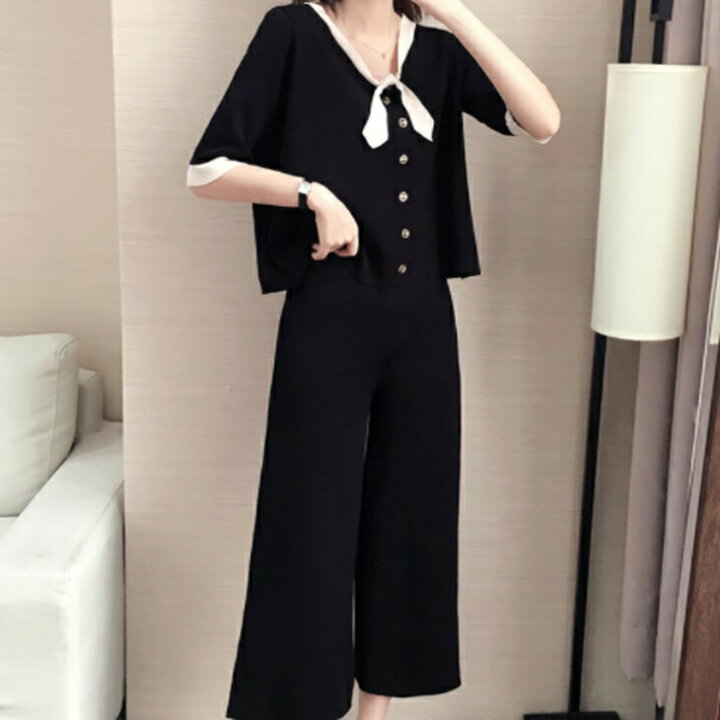 楽天市場】【上下セット】リボンタイ付ニットセーター＋ワイドレッグ  