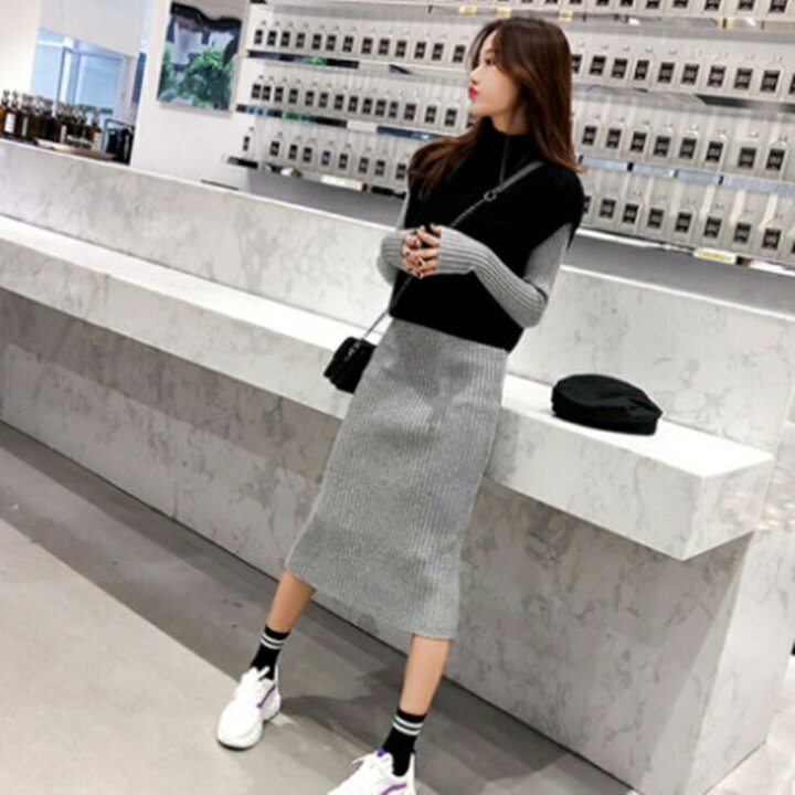 楽天市場 上下セット ニットワンピース ニットベスト セットアップ カジュアルツーピース 通勤コーデ 楽ちんコーデ 温かセットアップ 大人カジュアル 大人コーデ アラサーアラフォーコーデ 大人韓国ファッション 大人韓国コーデ ワンマイルコーデ 大人カジュアル