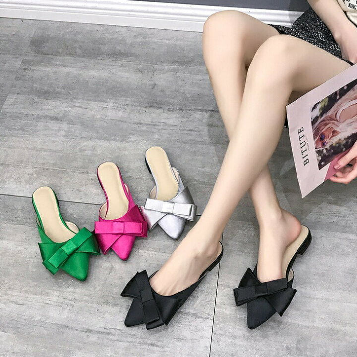 サテンリボン フラットサンダル 35 ブラック ぺたんこサンダル リボン  