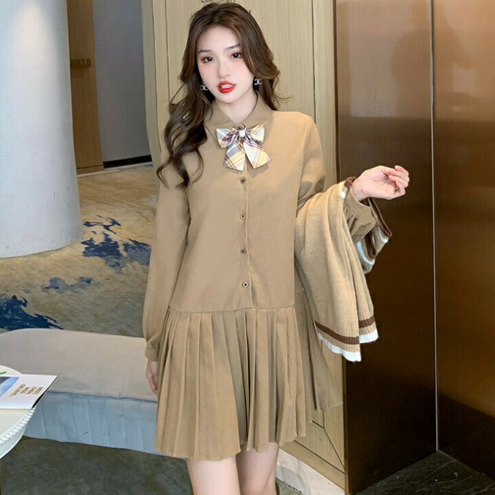 楽天市場 ベスト付きワンピース カレッジベスト シャツワンピース 制服調ワンピース Jkスタイルファッション 大人カジュアル アラサーちゃん アラサーコーデ アラフォーコーデ シンプルコーデ 大人ファッション 大人コーデ 大人韓国コーデ ワンマイルコーデ 大人