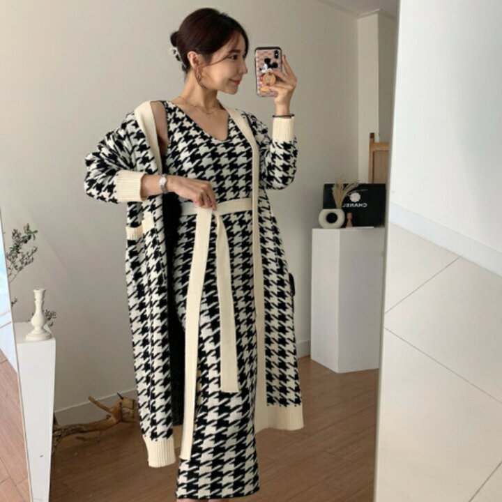 楽天市場 ロングニットセーター 格子柄ワンピース ニットセットアップ ロングカーディガン ノースリーブワンピ 大人カジュアル アラサーちゃん アラサー コーデ アラフォーコーデ シンプルコーデ 大人ファッション 大人コーデ 大人韓国コーデ Ins ワンマイルコーデ 大人