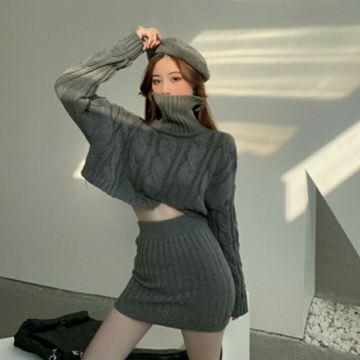 楽天市場】ニットセットアップ ざっくりタートルネックニット＋タイト  