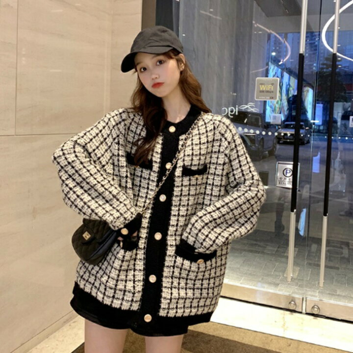 楽天市場】ゆったりツイードジャケット リブトップス 大き目トップス  