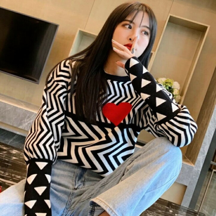 楽天市場 ルーズセータ ハートマークニット ハートマークセーター 韓国ファッション 韓国コーデ オトナ女子コーデ オトナニット 大人女子ファッション アラサーファッション アラサーコーデ ワンマイルコーデ 楽天買い物部 大人カジュアル ゴルフ Momo