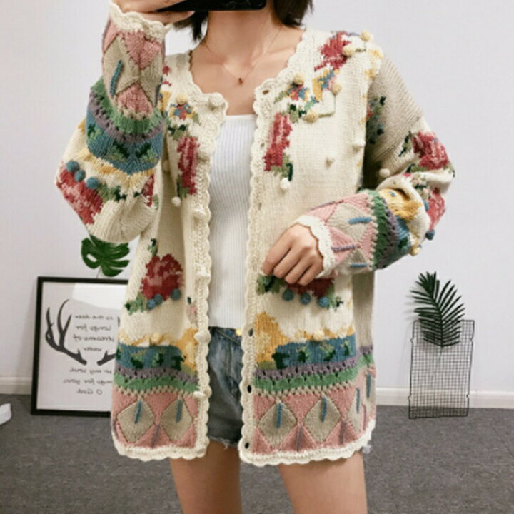 楽天市場】バラ刺繍ハンドメイド風ウールカーディガンセーター 綺麗 